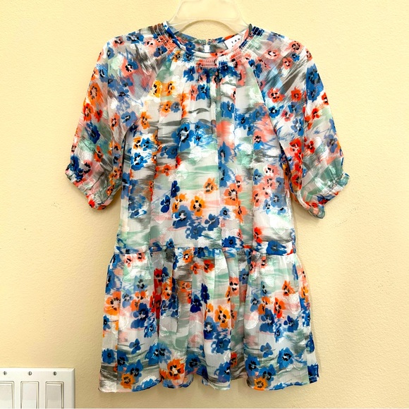 Tanya Taylor Girls Mini Eliza Dress Small NWT White Multi Floral Ruffle Hem - Picture 2 of 5